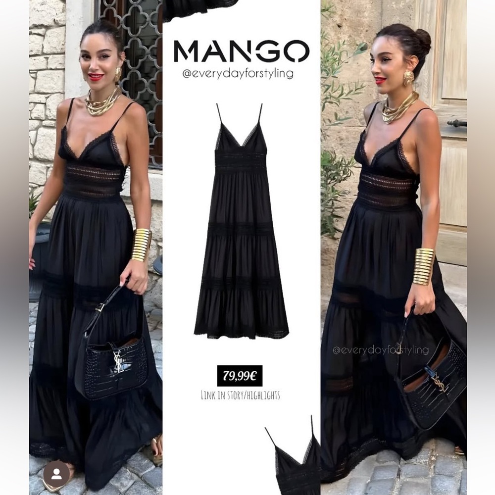 Mango Elena Black Tiered Maxi Dress with Spaghetti Straps size medium